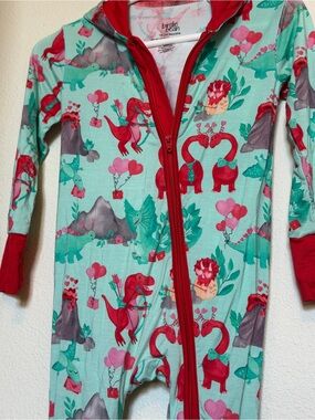 Birdie Bean Mint Dino Zip Romper with Red Trim